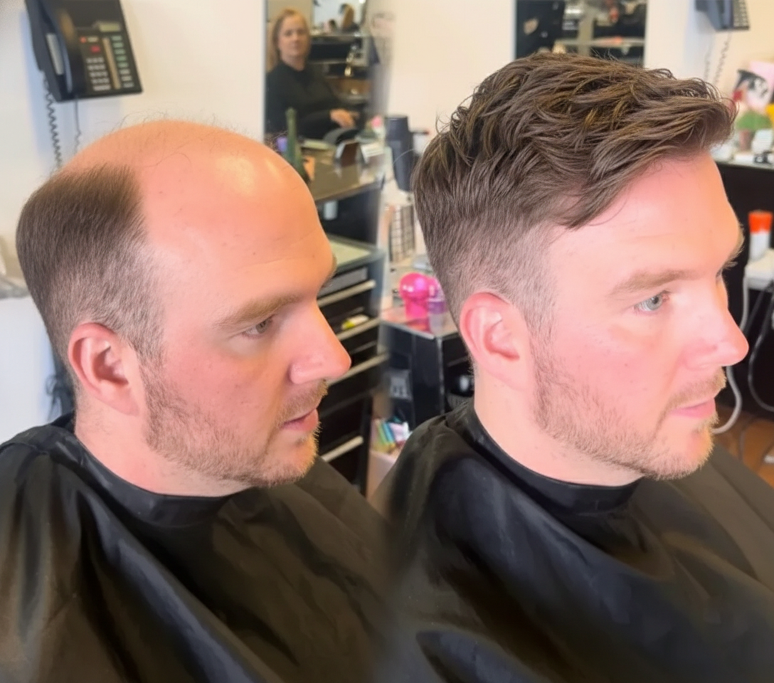 Men's non-surgical hair replacement before-and-after result in Kenosha